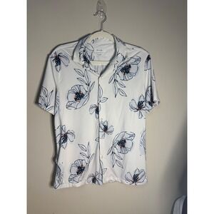 Porter & Ash Mens Kinetic Stretch Floral Button Down Shirt White Navy Peach S